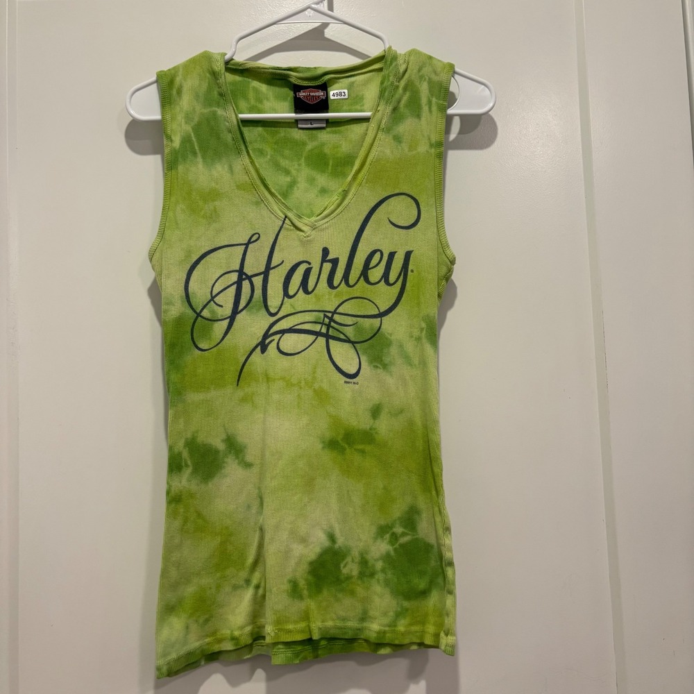 Harley Davidson Green Tie Dye Ribbed Tank Top V-Neck Sleeveless Large